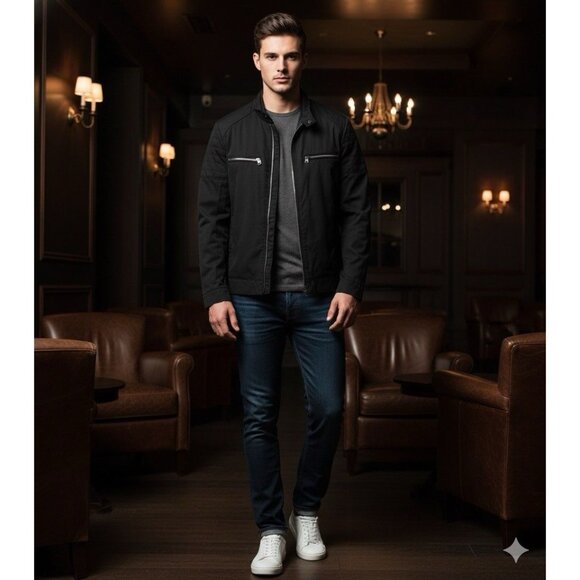 Michael Kors MK Black Moto Racer Jacket Quilted Shoulder Full Zip Mens Sz M - Picture 1 of 5